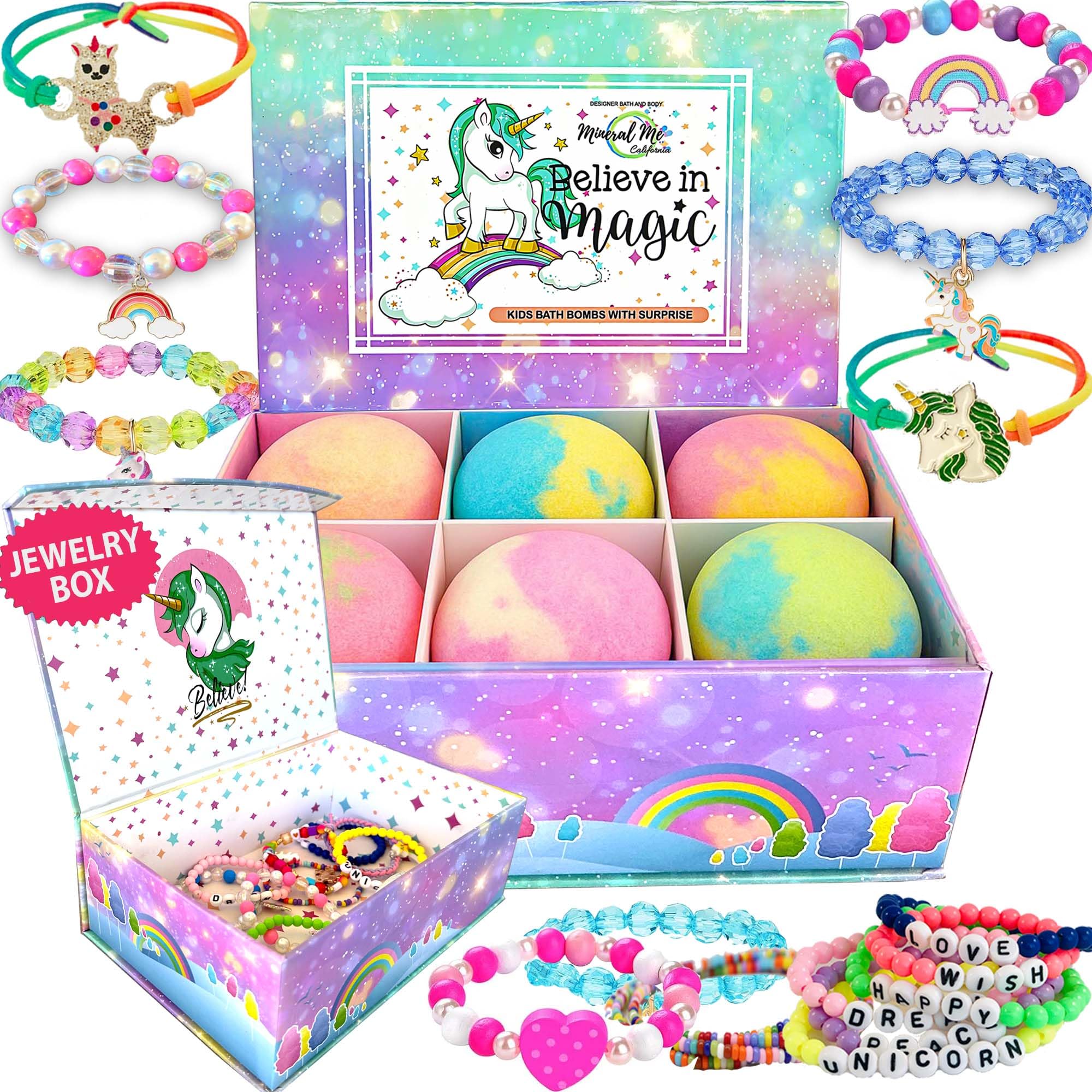 Mineral Me California unicorn bath bombs packaging shows six colorful bombs for kids' bath time.