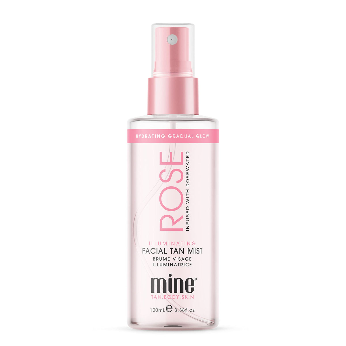 MINETAN BODY.SKIN Rose Face Tan Mist bottle offers gradual tan with hydrating rosewater for a natural glow.