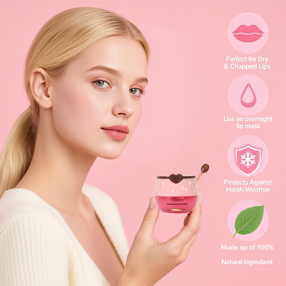 Minfei Bee Lip Balm strawberry flavor beside fresh fruit evokes fruity freshness.