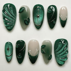 MINGCHUN glitter green short almond nails ready for weekend glamour