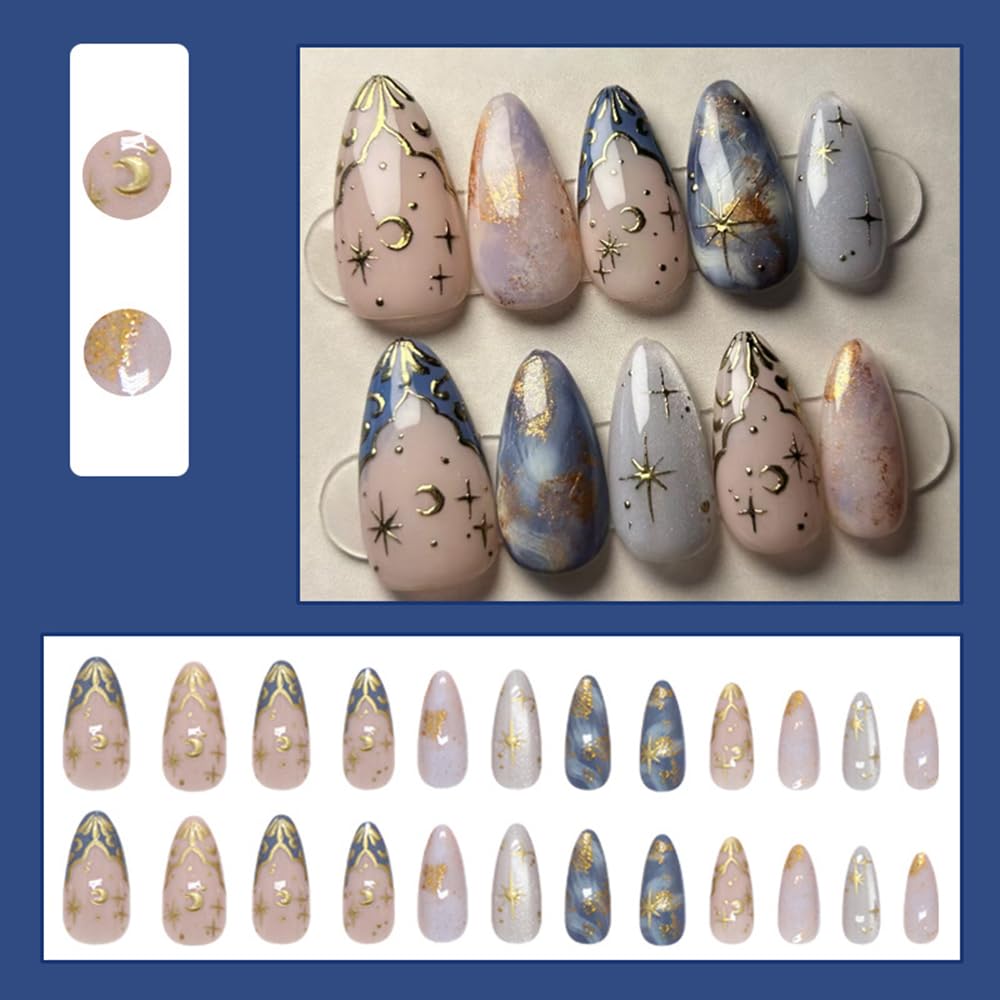 MINGCHUN starry sky gold foil design nails closeup for festive shimmer and stylish evenings.