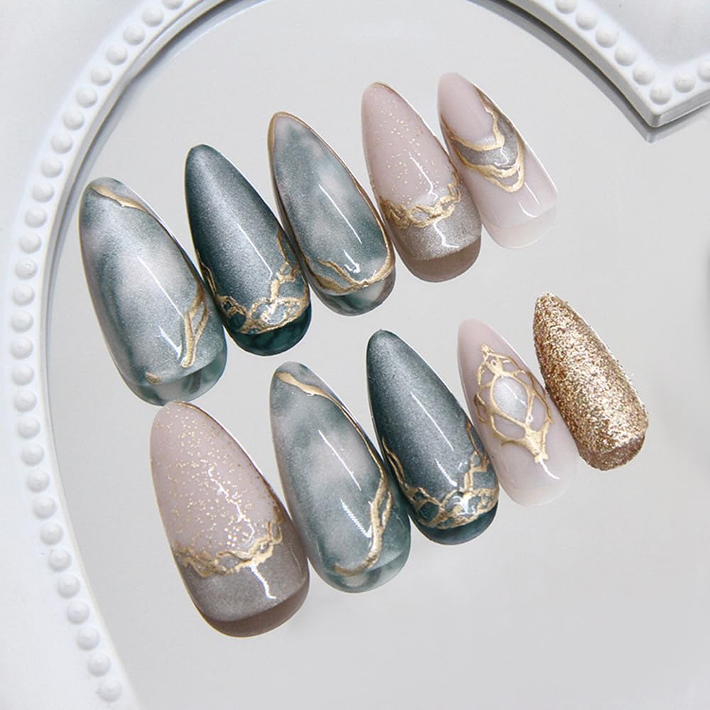 Uñas MINGCHUN ojo de gato, almendra corta, diseño marmolado en 3D para elegancia diaria.