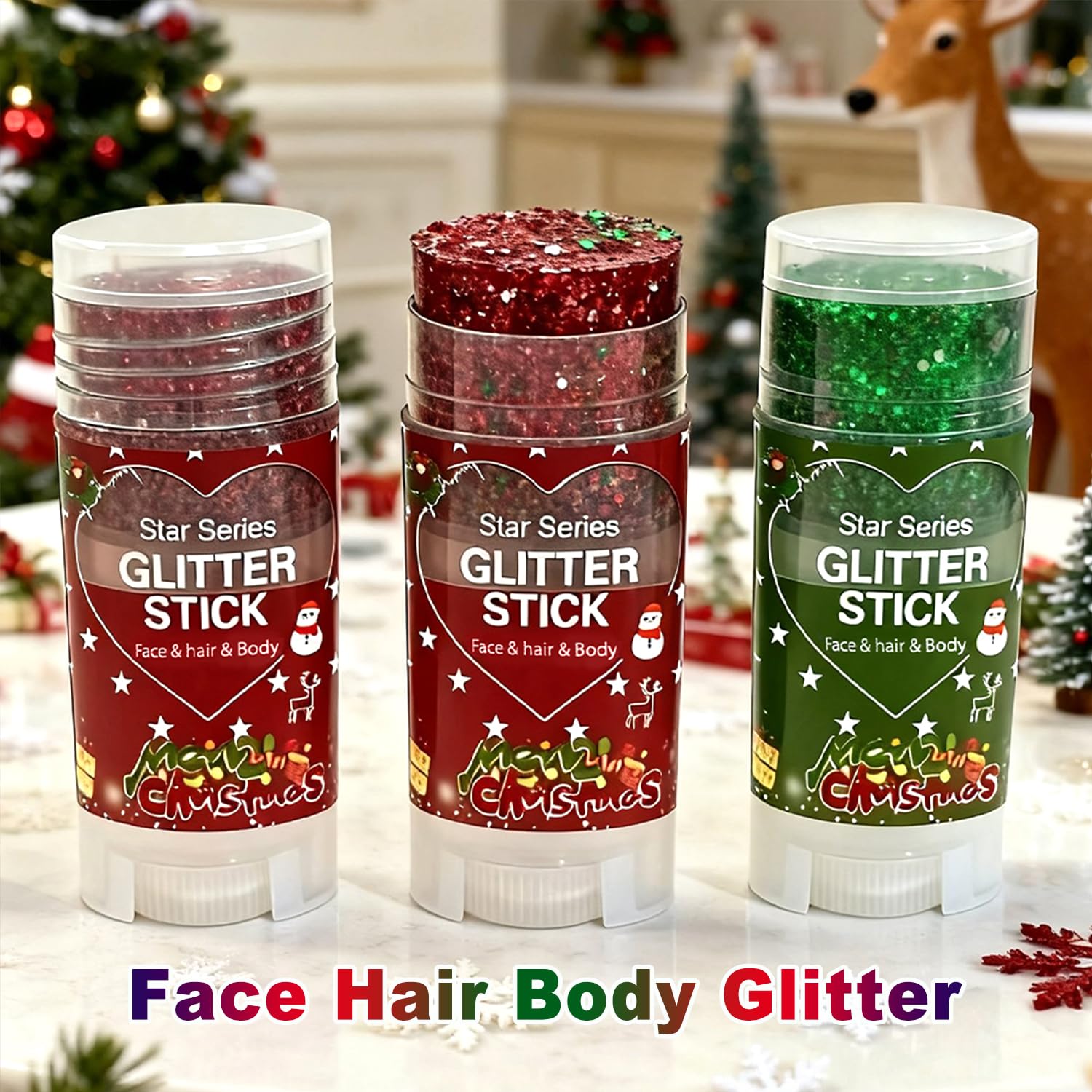 Miniling holiday party makeup look with red-green-white glitter
