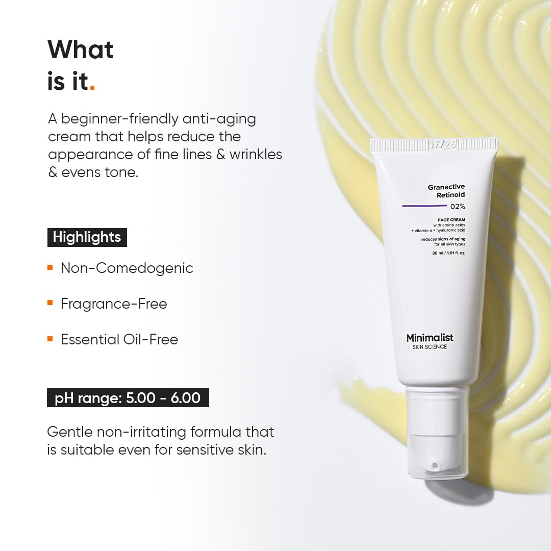 Minimalist 2% retinoid night cream closeup texture highlights smooth application for skin renewal.