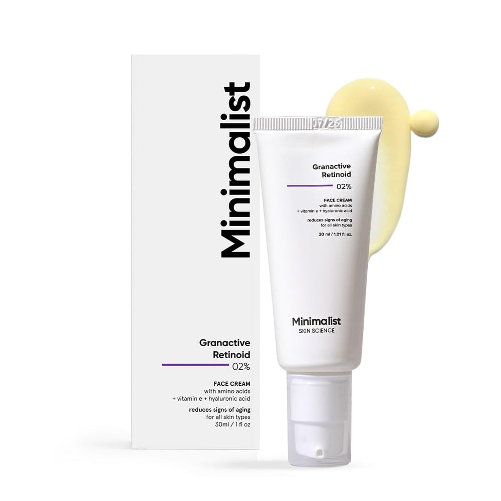 Minimalist 2% retinoid night cream jar shows creamy texture that supports evening skincare.
