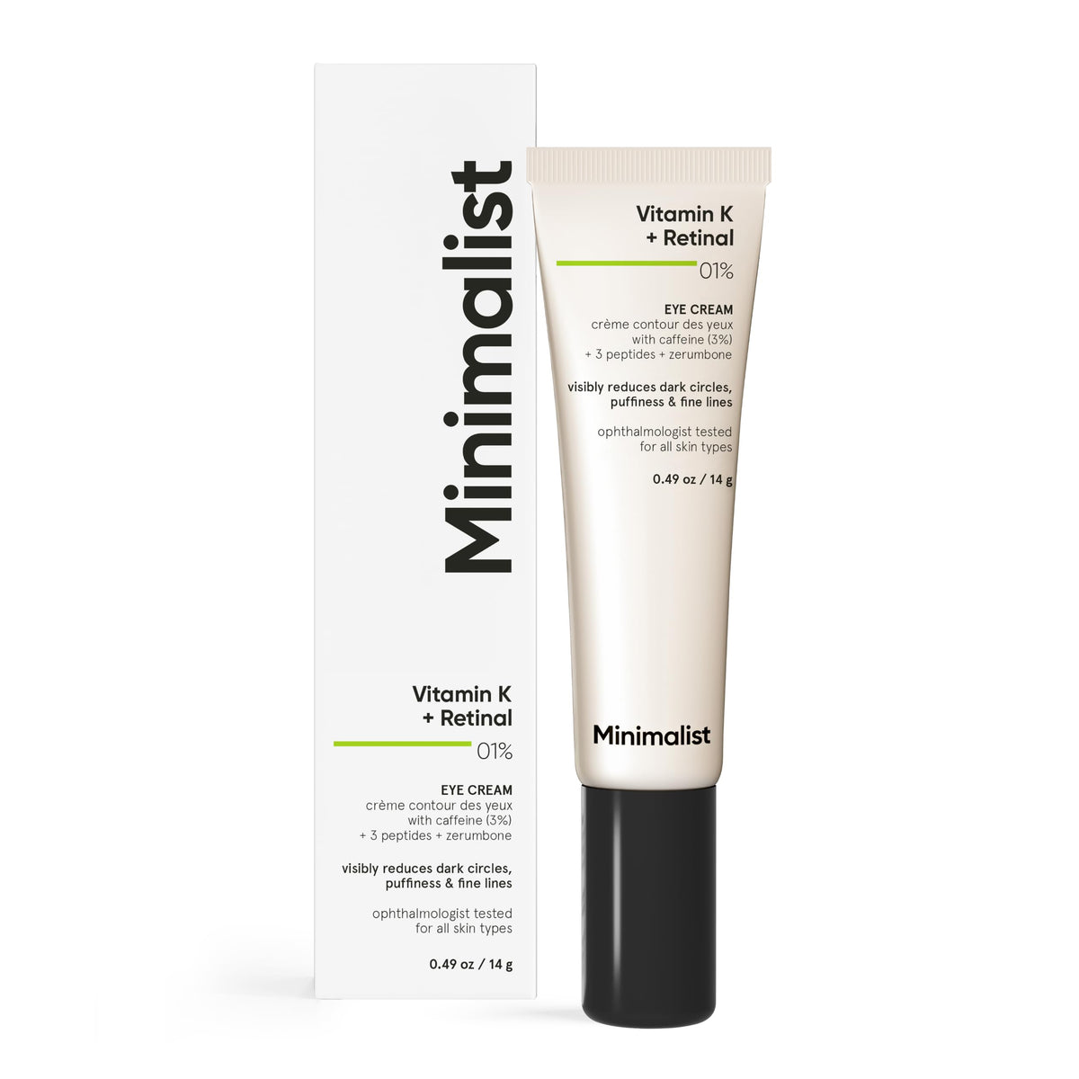Minimalist eye cream front tube showing sleek packaging and clear product name for recognition