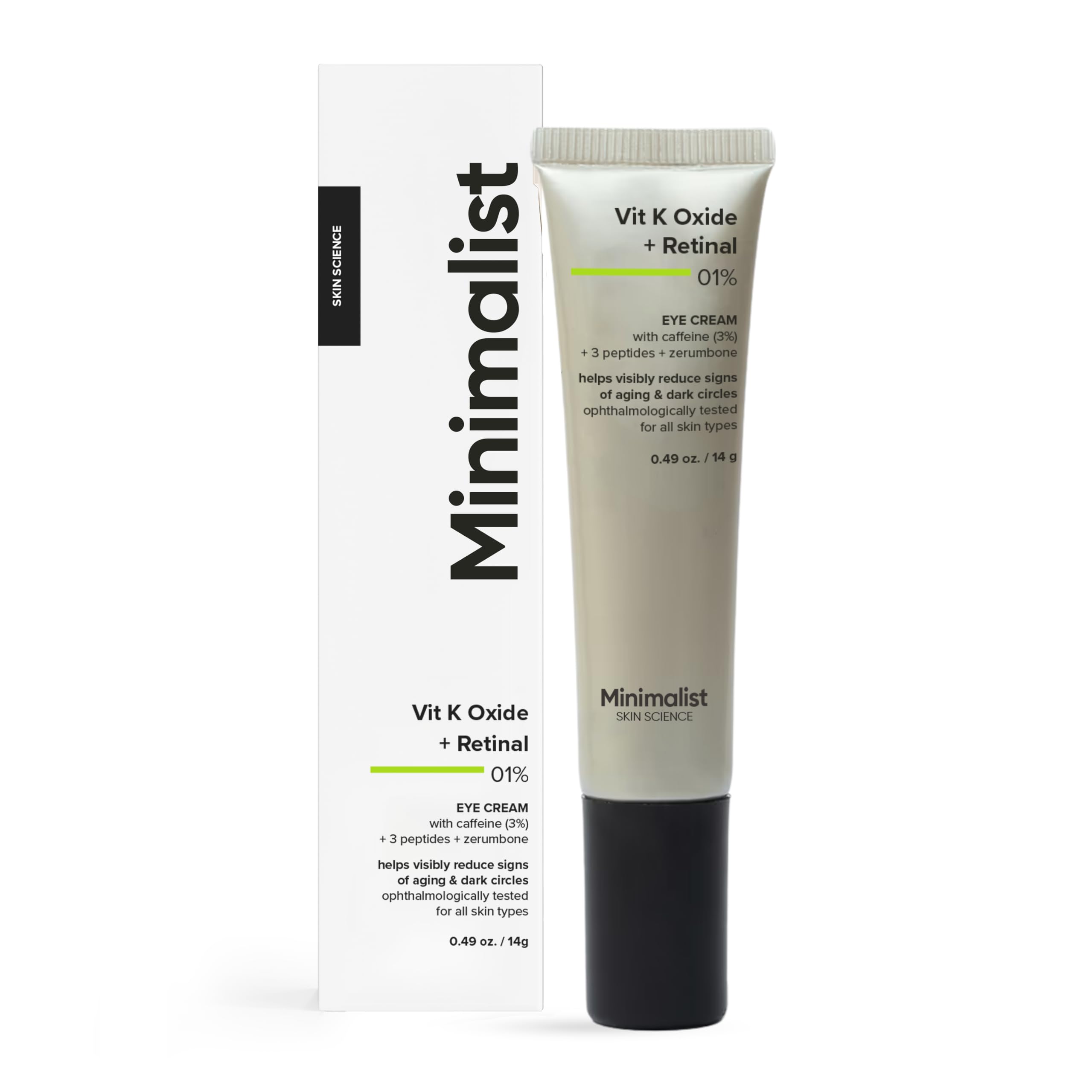 Minimalist eye cream next to coin for scale showing 14 g compact travel-friendly size