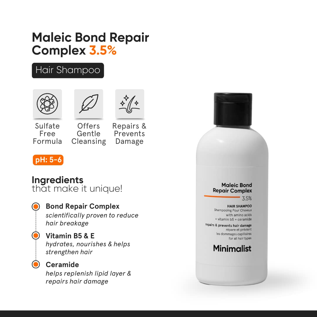Minimalist Hair Shampoo label close-up, highlighting pH 5-6 and bond-repair tech.
