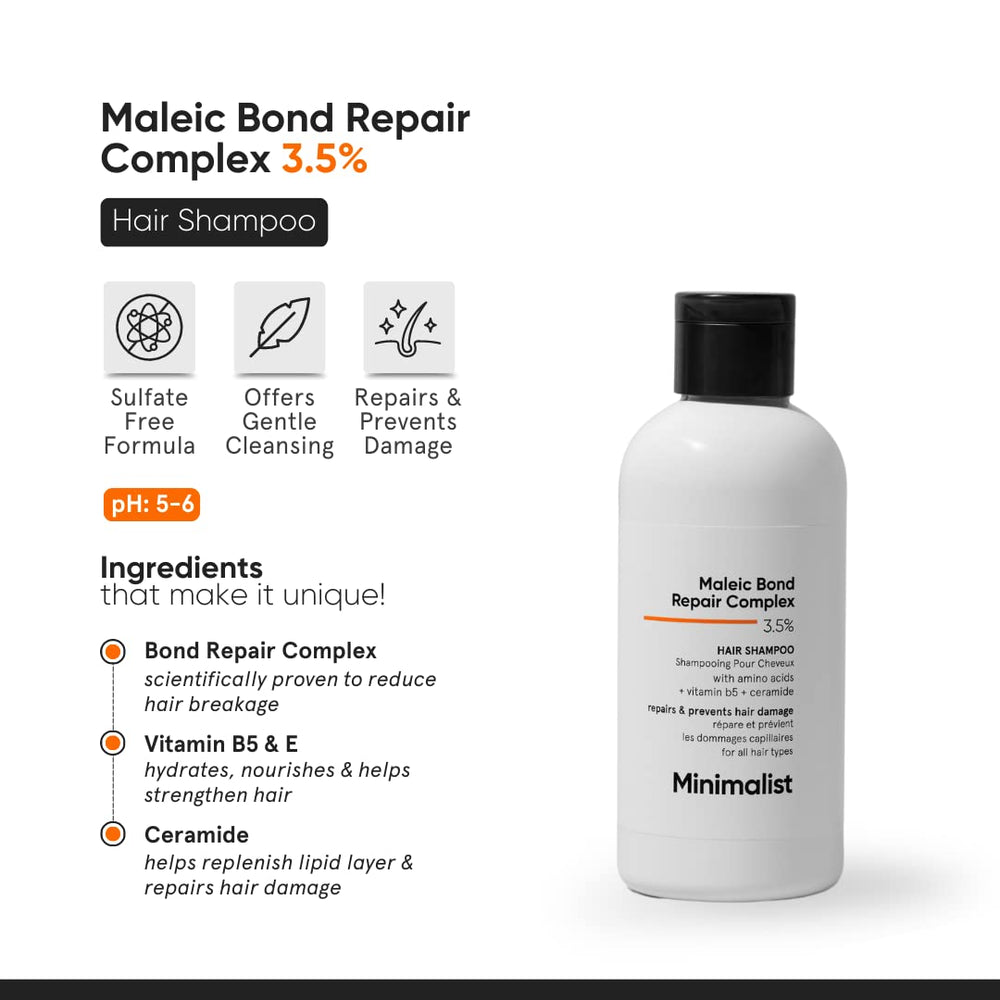 Minimalist Hair Shampoo label close-up, highlighting pH 5-6 and bond-repair tech.