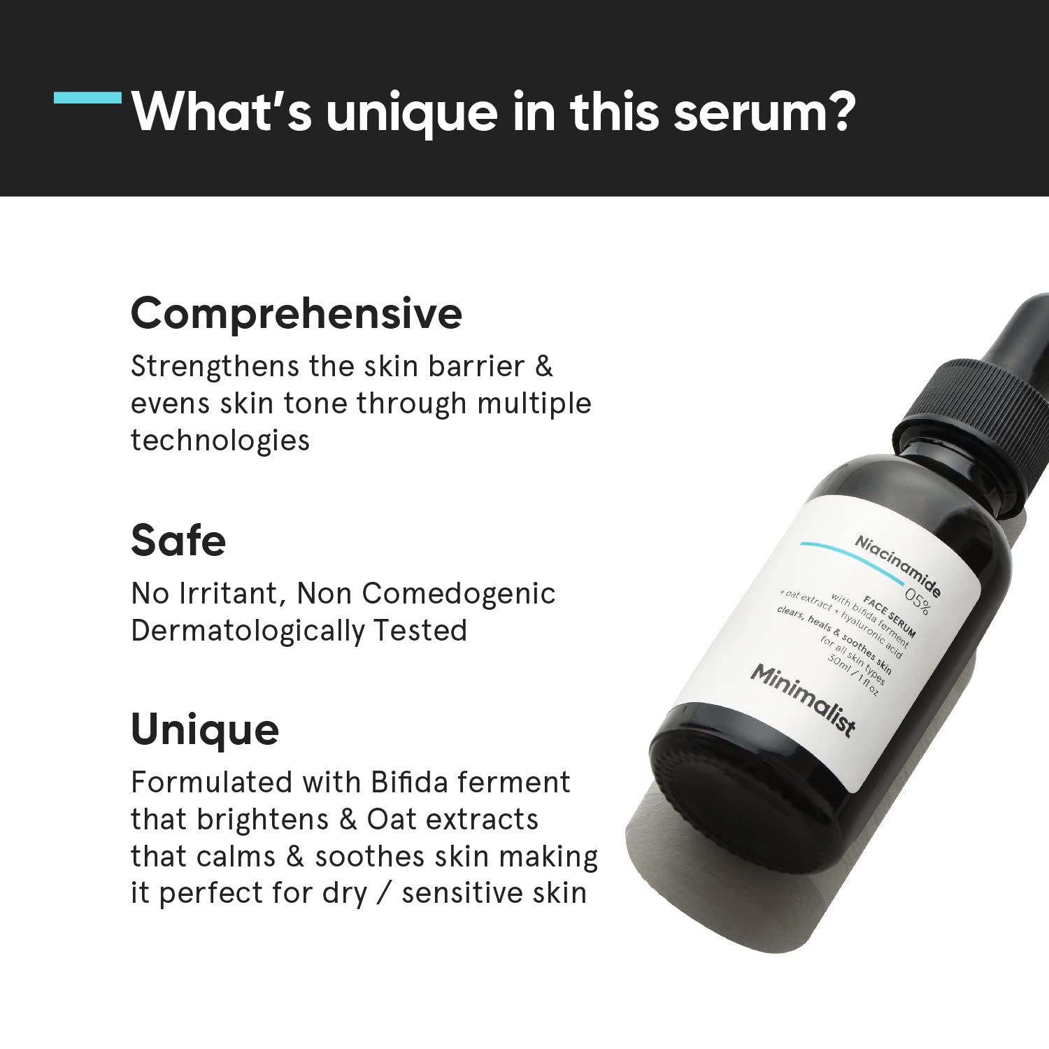 Minimalist Niacinamide Serum texture closeup reveals lightweight, fast-absorbing formula