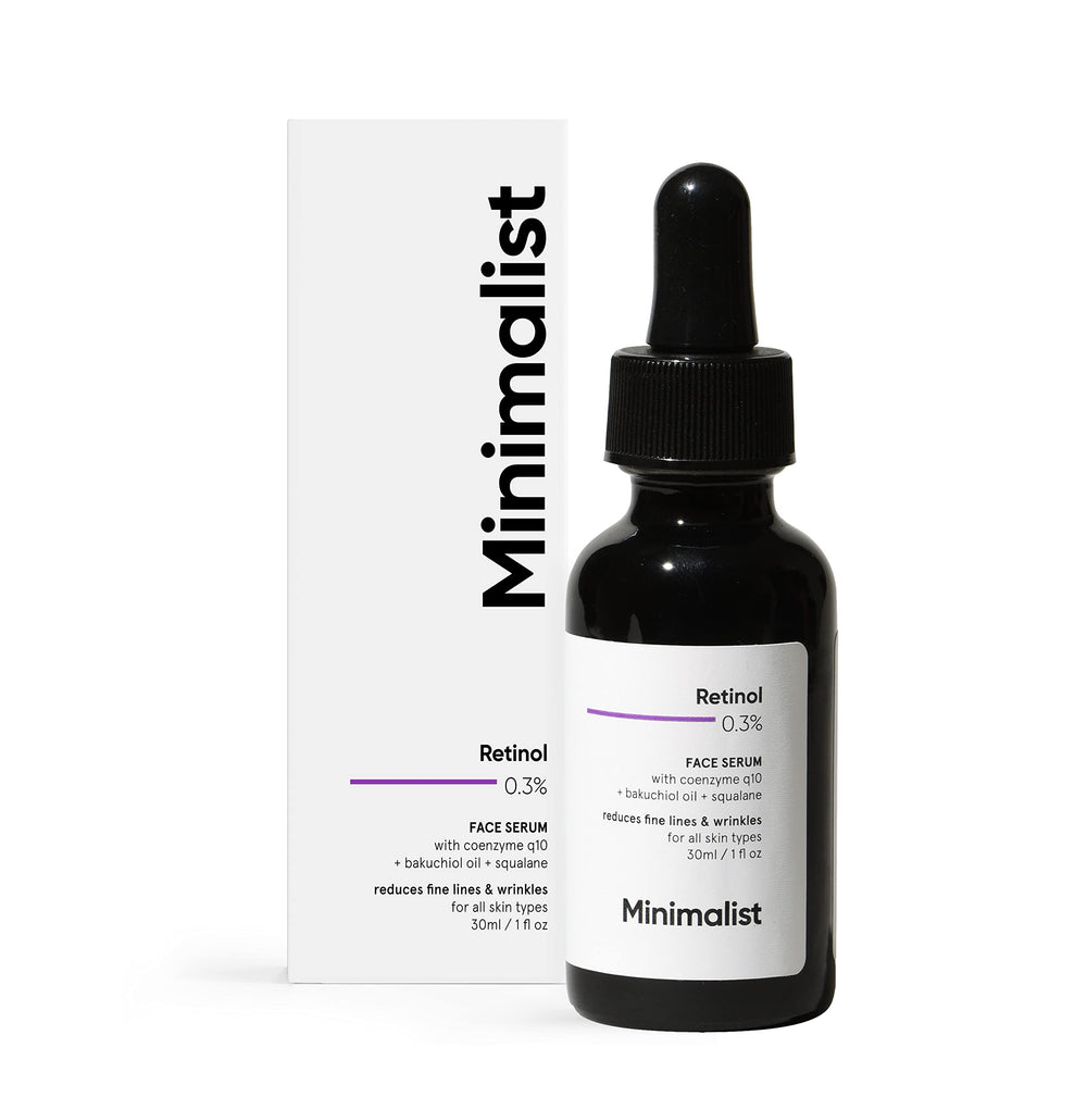 Minimalist retinol serum bottle with Bakuchiol oil for night-time anti-aging benefits.