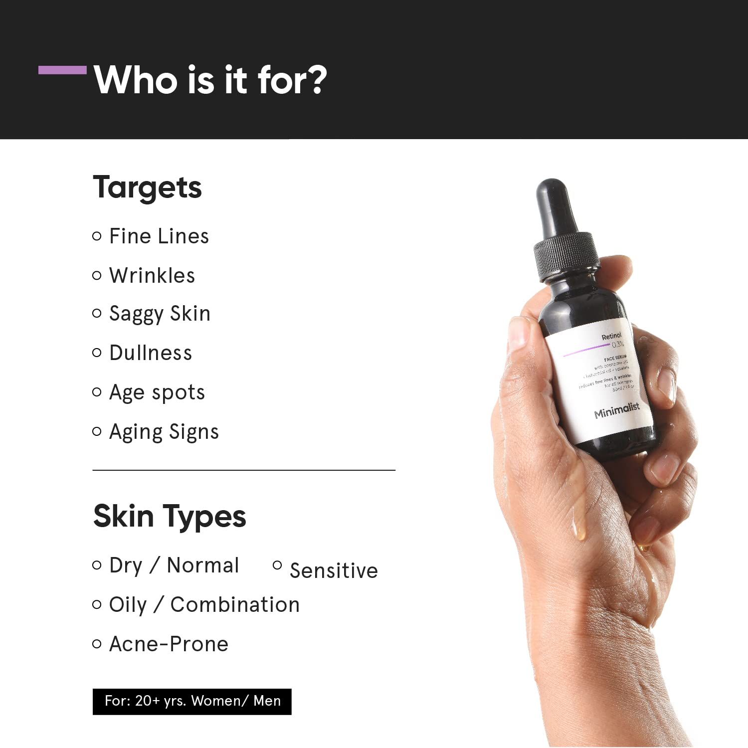 Minimalist retinol serum swatch showing smoothing effect and even tone.