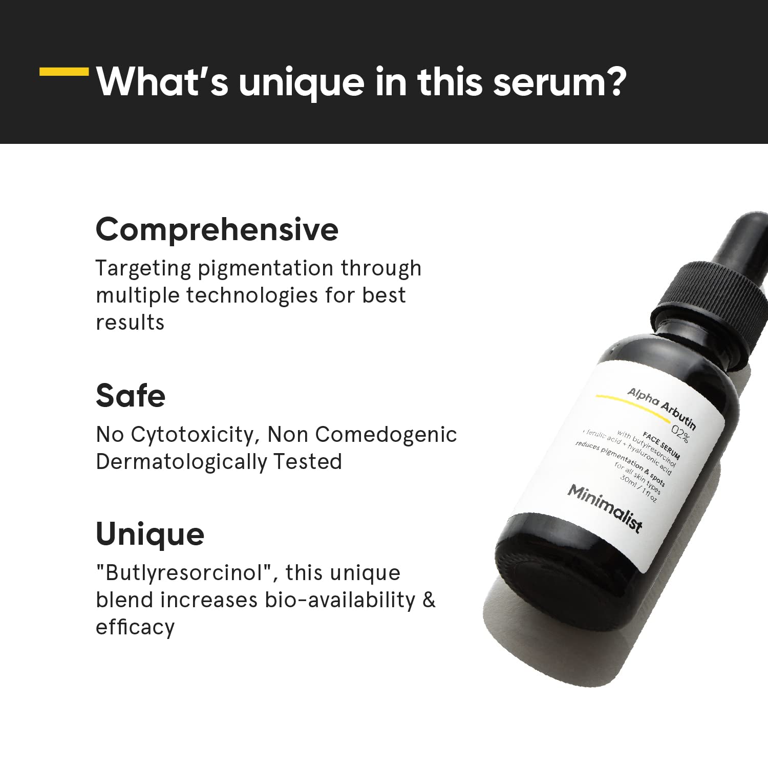 Minimalist close-up ingredient label highlighting alpha arbutin and hyaluronic acid benefits
