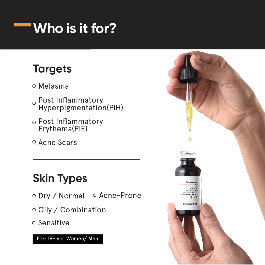 Minimalist tranexamic serum close-up highlights Mandelic acid blend for gentle exfoliation and PIH support.