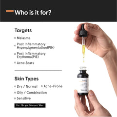 Minimalist tranexamic serum close-up highlights Mandelic acid blend for gentle exfoliation and PIH support.
