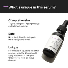 Minimalist serum label emphasizes CoQ10 antioxidant support for youthful-looking skin.