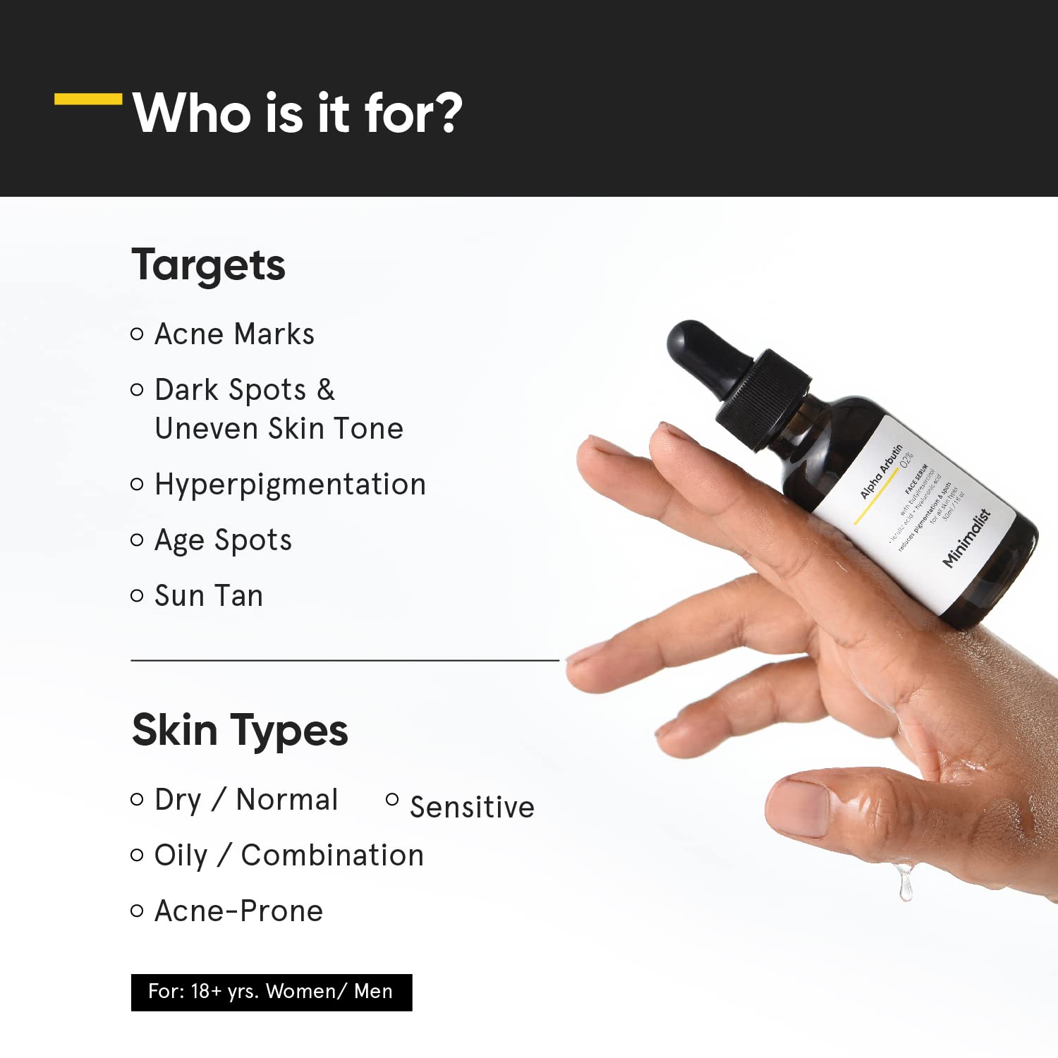 Minimalist serum dropper dispensing clear texture, demonstrates lightweight absorption benefit
