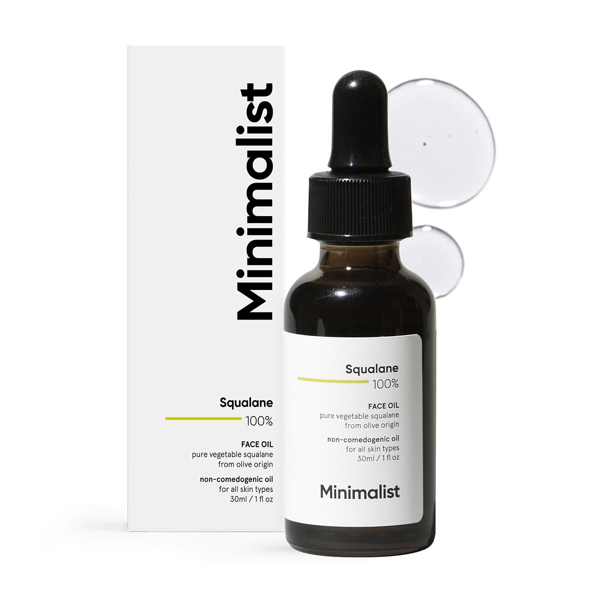 Minimalist Squalane 100% bottle close-up showing lightweight hydration for daily moisturization.