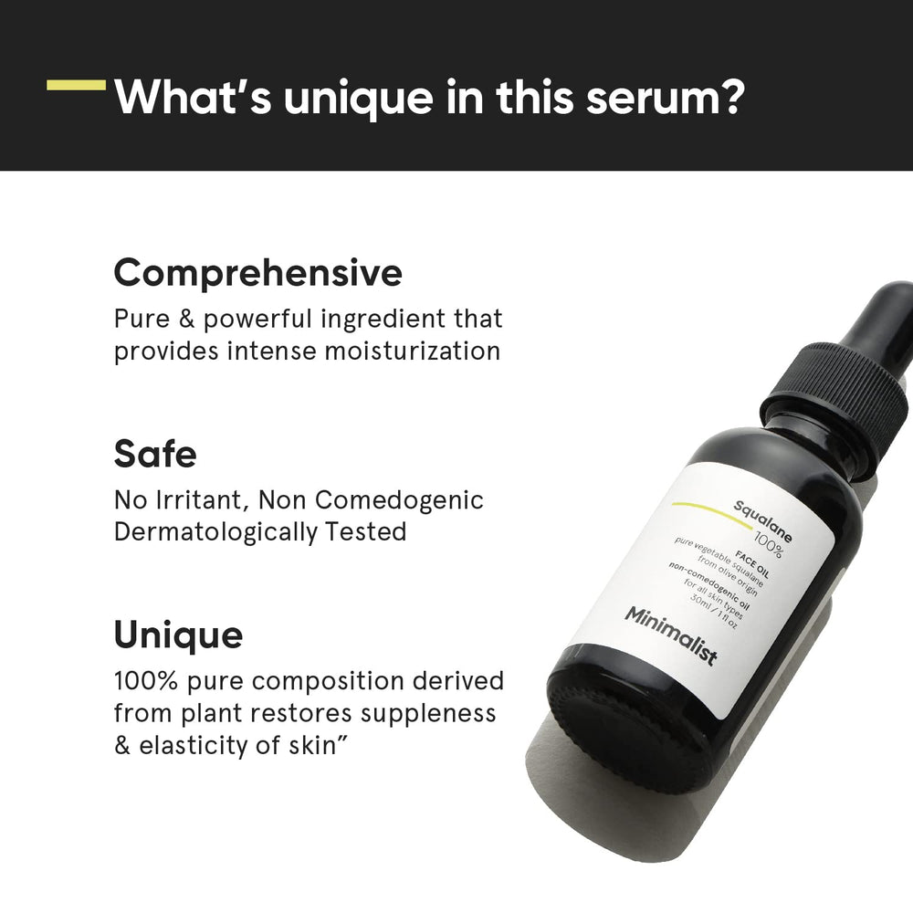 Minimalist Squalane drop application demonstrates easy 2-3 drop usage for all skin types.