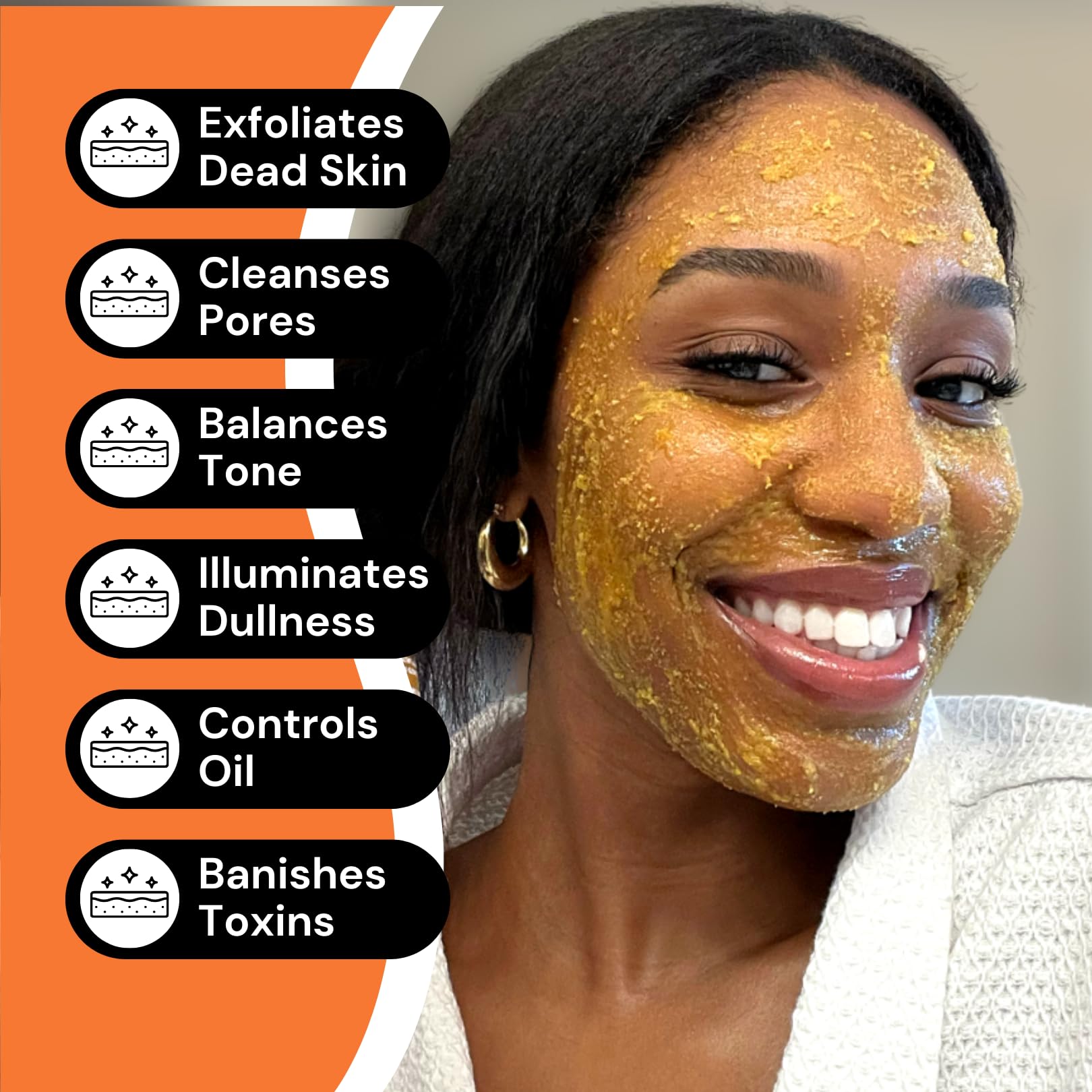 Minimo Glow Turmeric Face Scrub ingredients closeup highlights turmeric and honey gentle brightening.