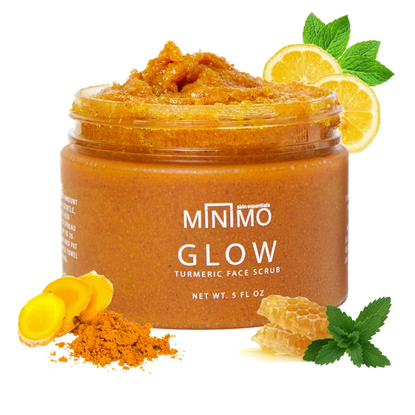Minimo Glow Turmeric Face Scrub packshot showcases radiant skin glow for all skin types.