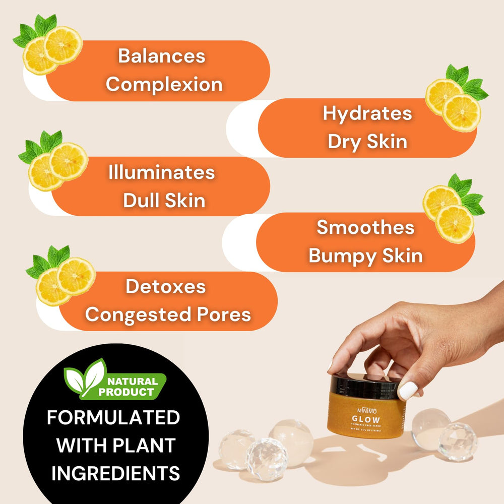 Minimo Glow Turmeric Face Scrub texture closeup highlights creamy exfoliation for bright, even tone.