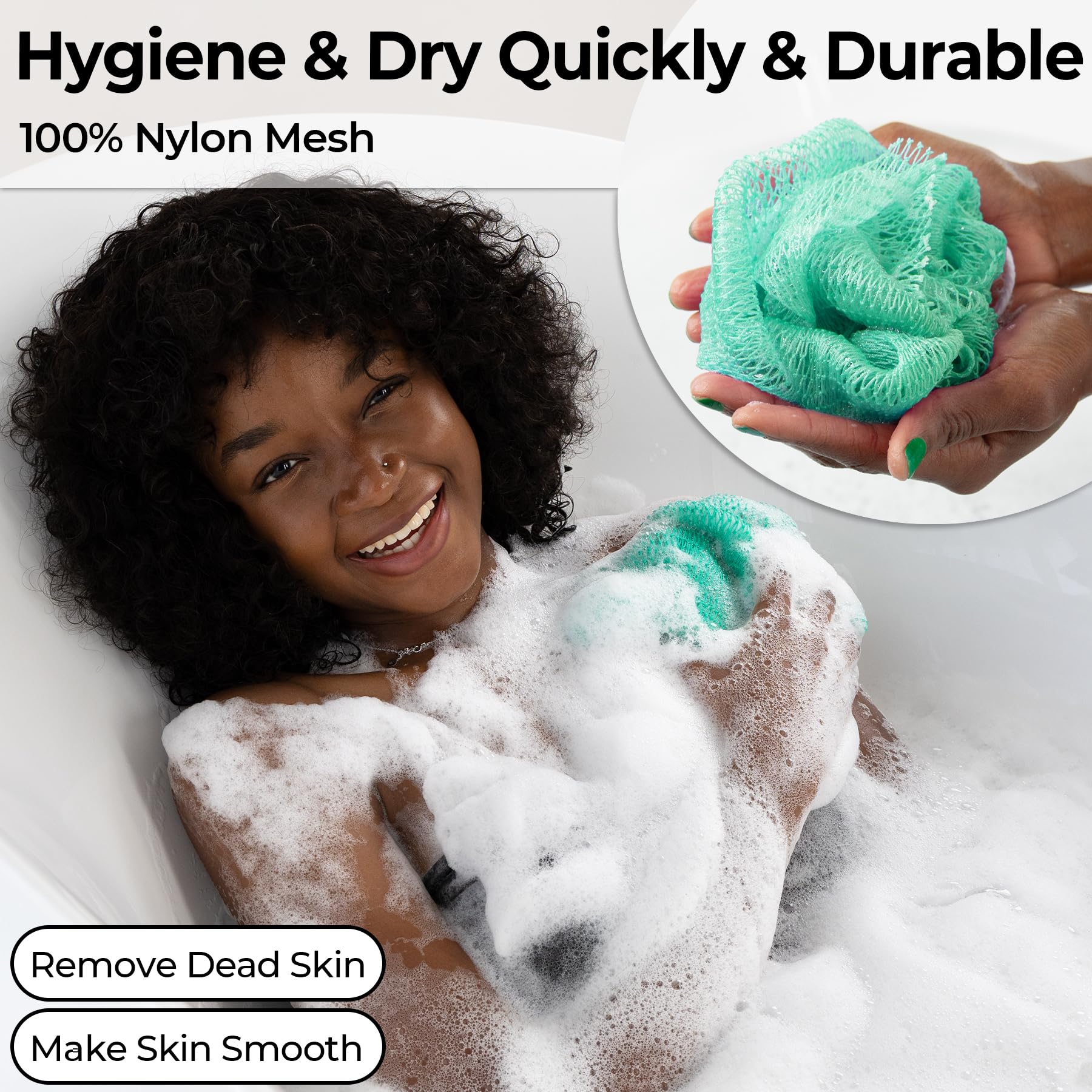 MINISENTIALS African Net Sponge hanging-dry feature shows quick-drying, hygienic bathroom routine.