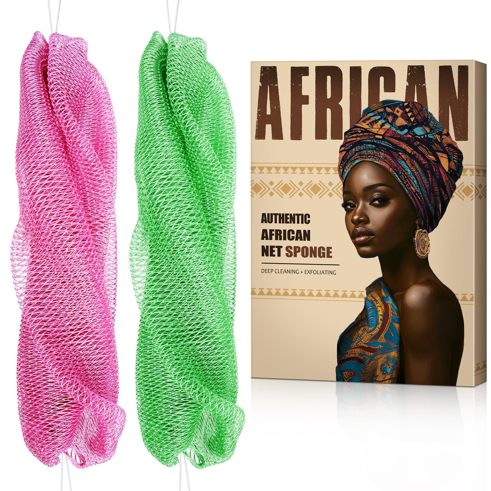 MINISENTIALS African Net Sponge with knots for deep back scrubbing, a two-piece set
