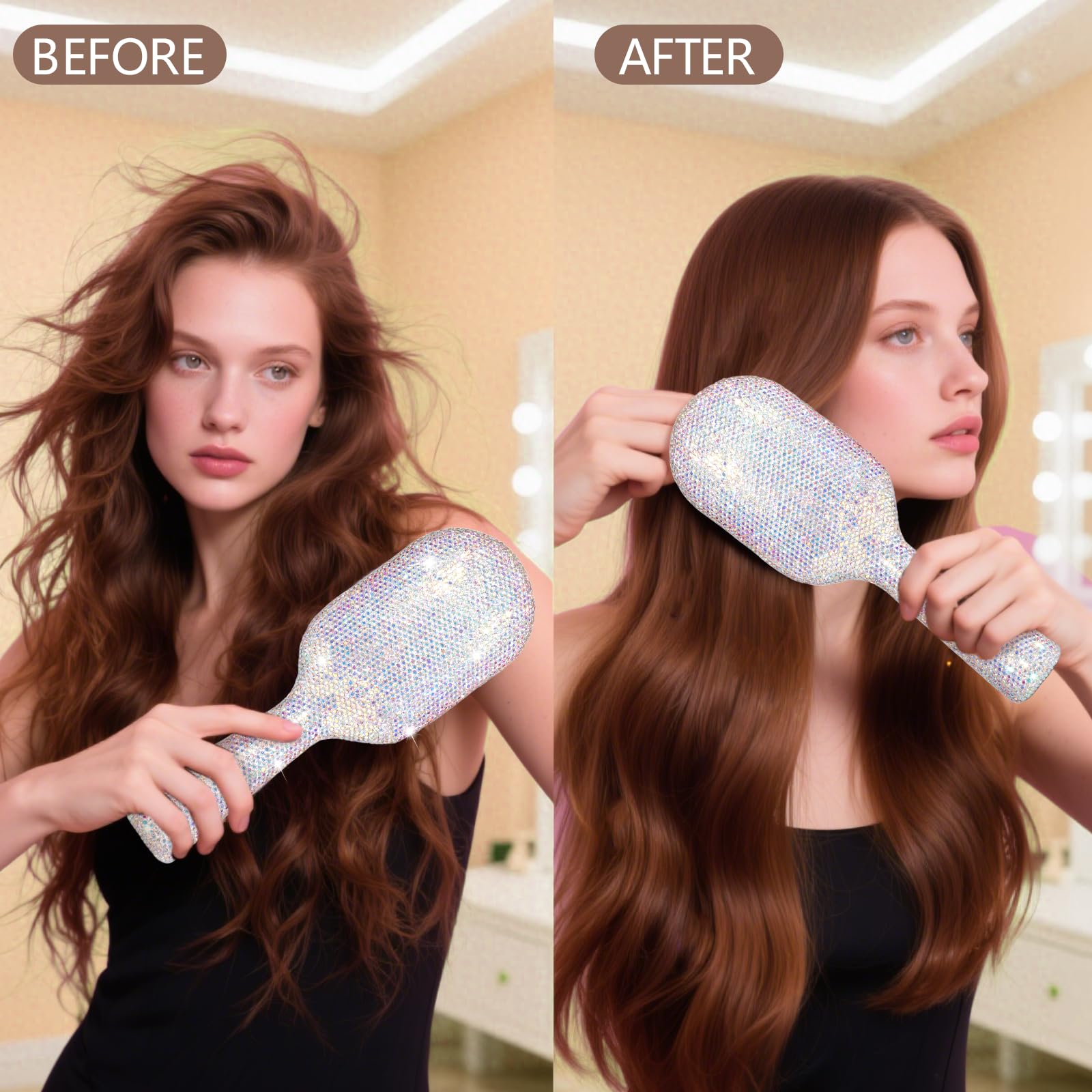 MInovel Elegant Crystal Diamond Hair Brush anti-static reduces flyaways during styling.