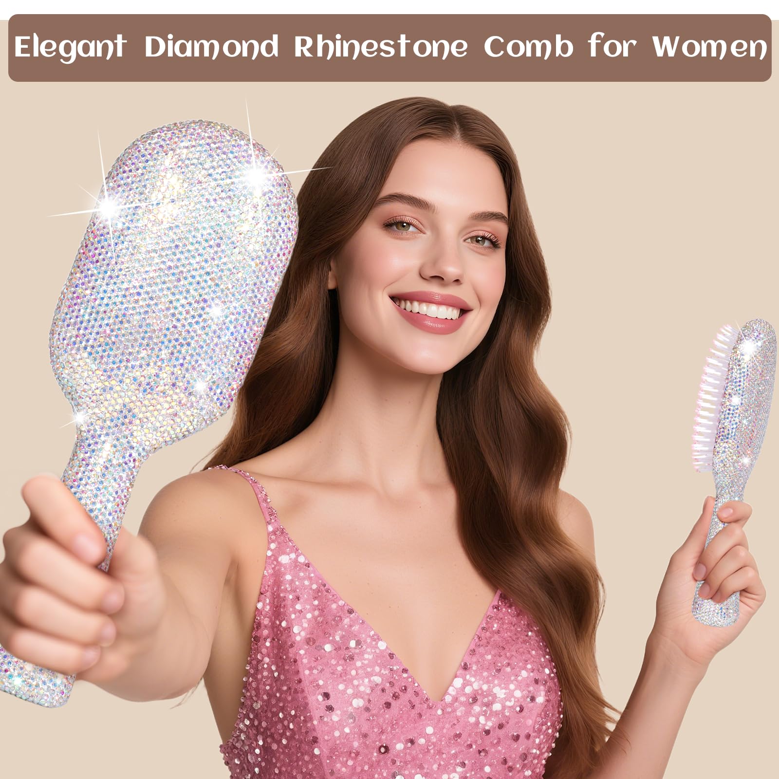 MInovel Elegant Crystal Diamond Hair Brush cushioned-base minimizes tugging on scalp.