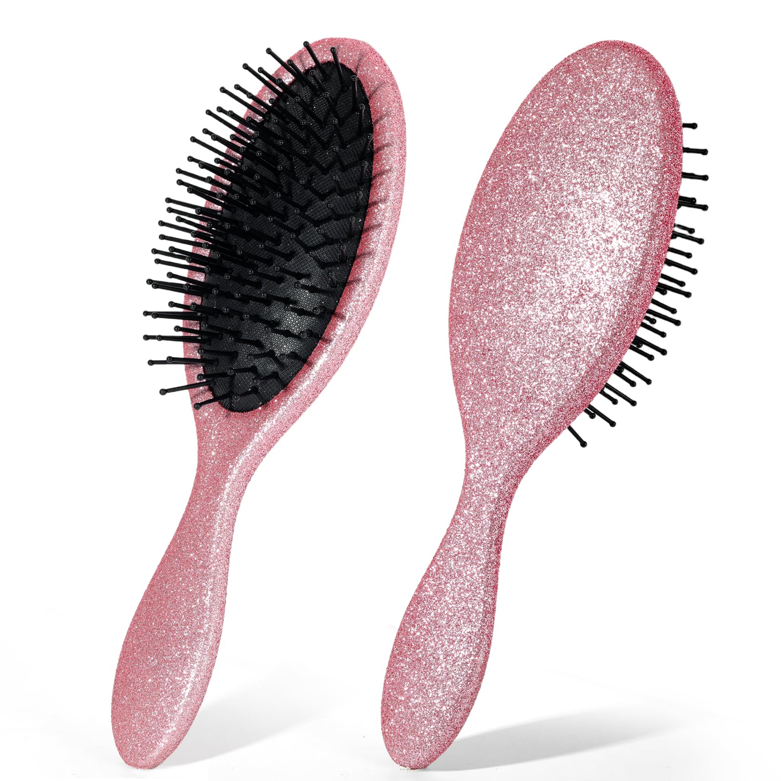 Minovel Glitter Detangling Brush front view in pink, gliding through tangles with ease