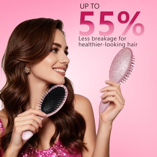 Minovel Glitter Detangling Brush top view in pink, soft bristles protect scalp during styling