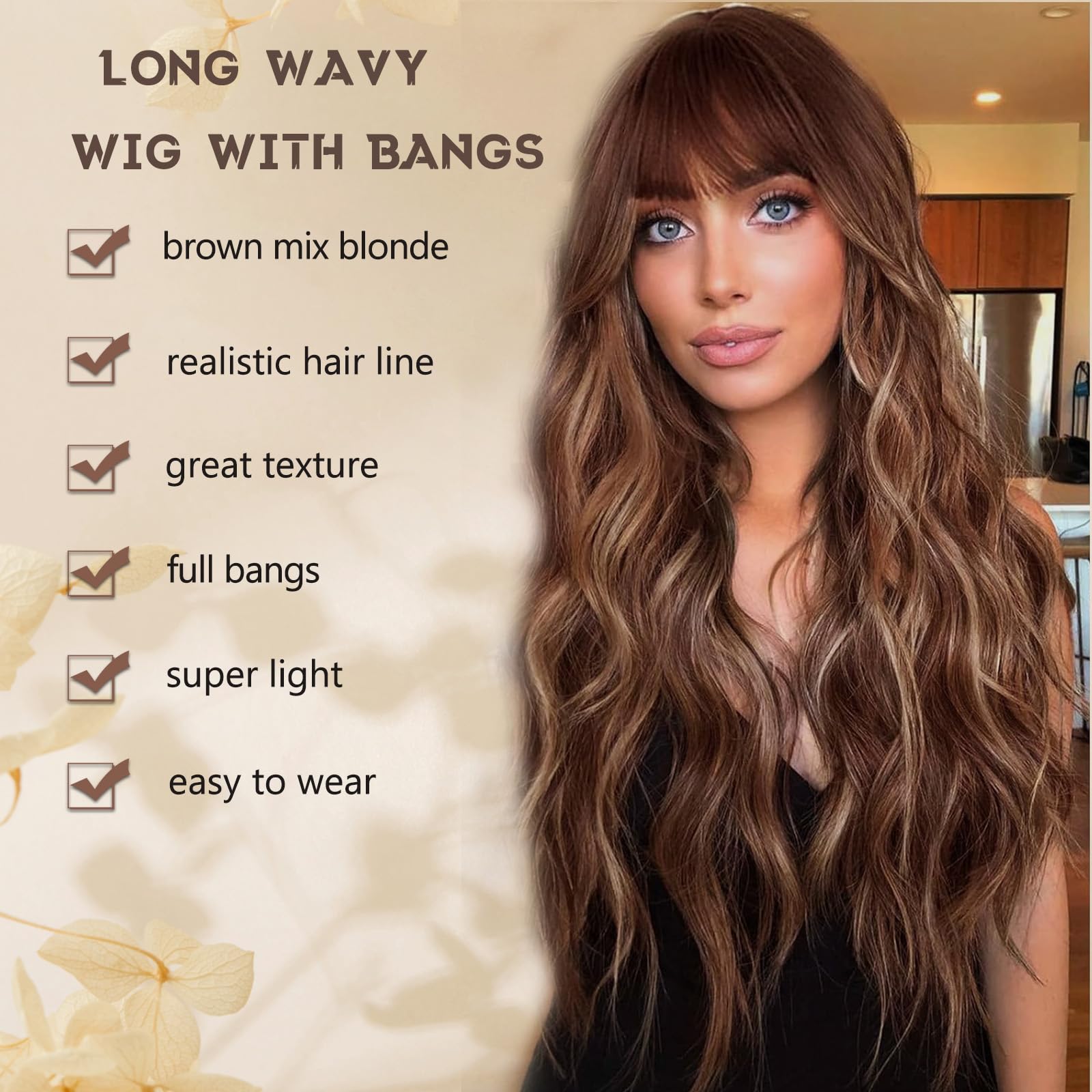 MINSEEYOO brown highlights wavy wig close-up showing texture.