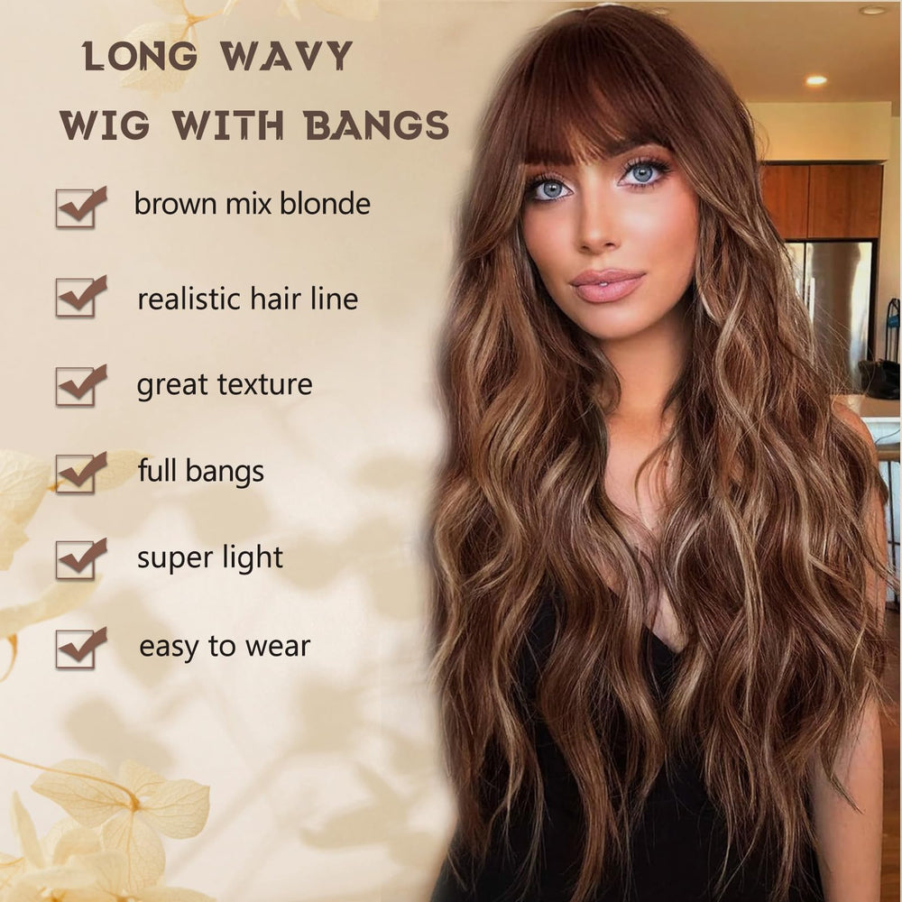 MINSEEYOO brown highlights wavy wig close-up showing texture.