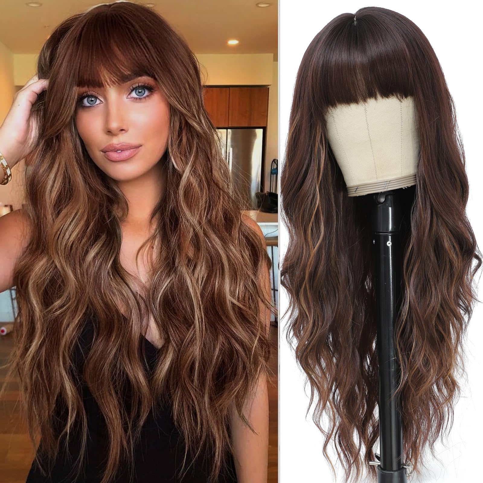 MINSEEYOO brown mix blonde wig with bangs long frames the face for versatile daily wear.