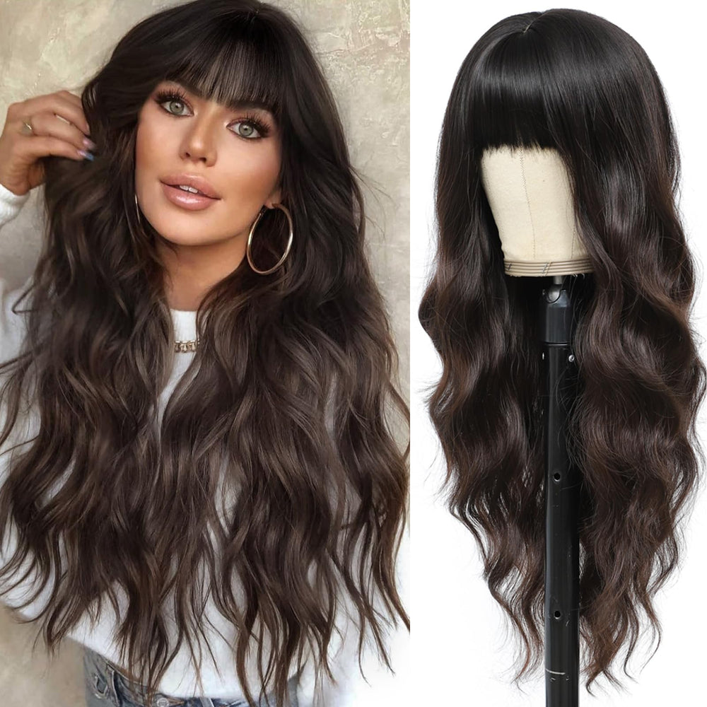 MINSEEYOO brown wig with bangs, long 26 inch waves for everyday wear