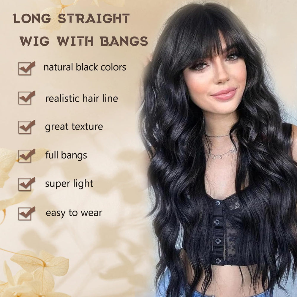 MINSEEYOO long black wig close-up shows heat resistant fiber feel
