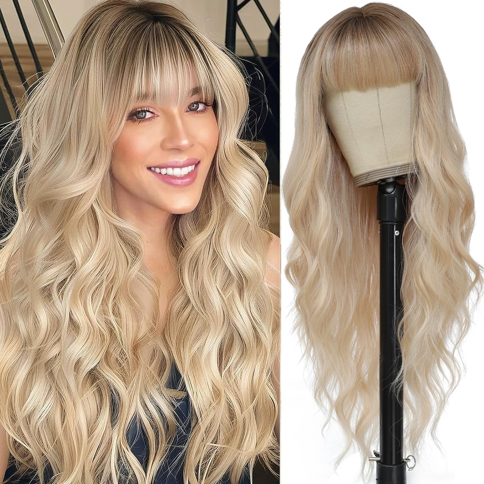 MINSEEYOO blonde wig front view with long waves for natural daytime wear.