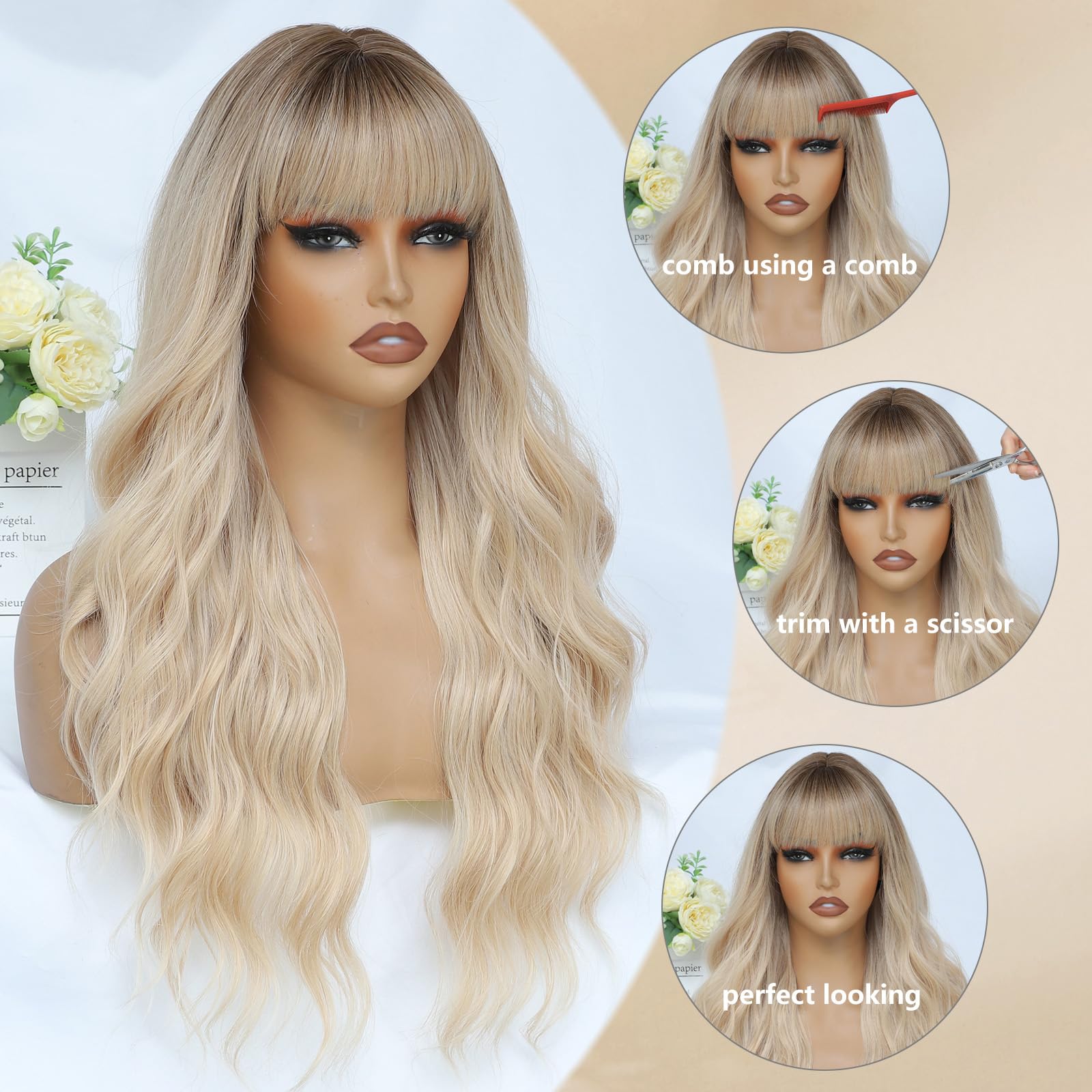 MINSEEYOO blonde wig length detail emphasizing 26-inch waves.