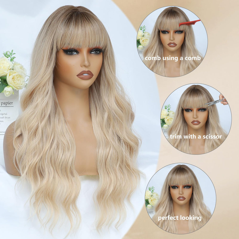 MINSEEYOO blonde wig length detail emphasizing 26-inch waves.