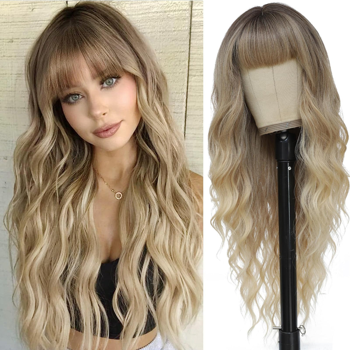 MINSEEYOO ombre-blonde-wig with bangs adds face-framing softness for daily wear.