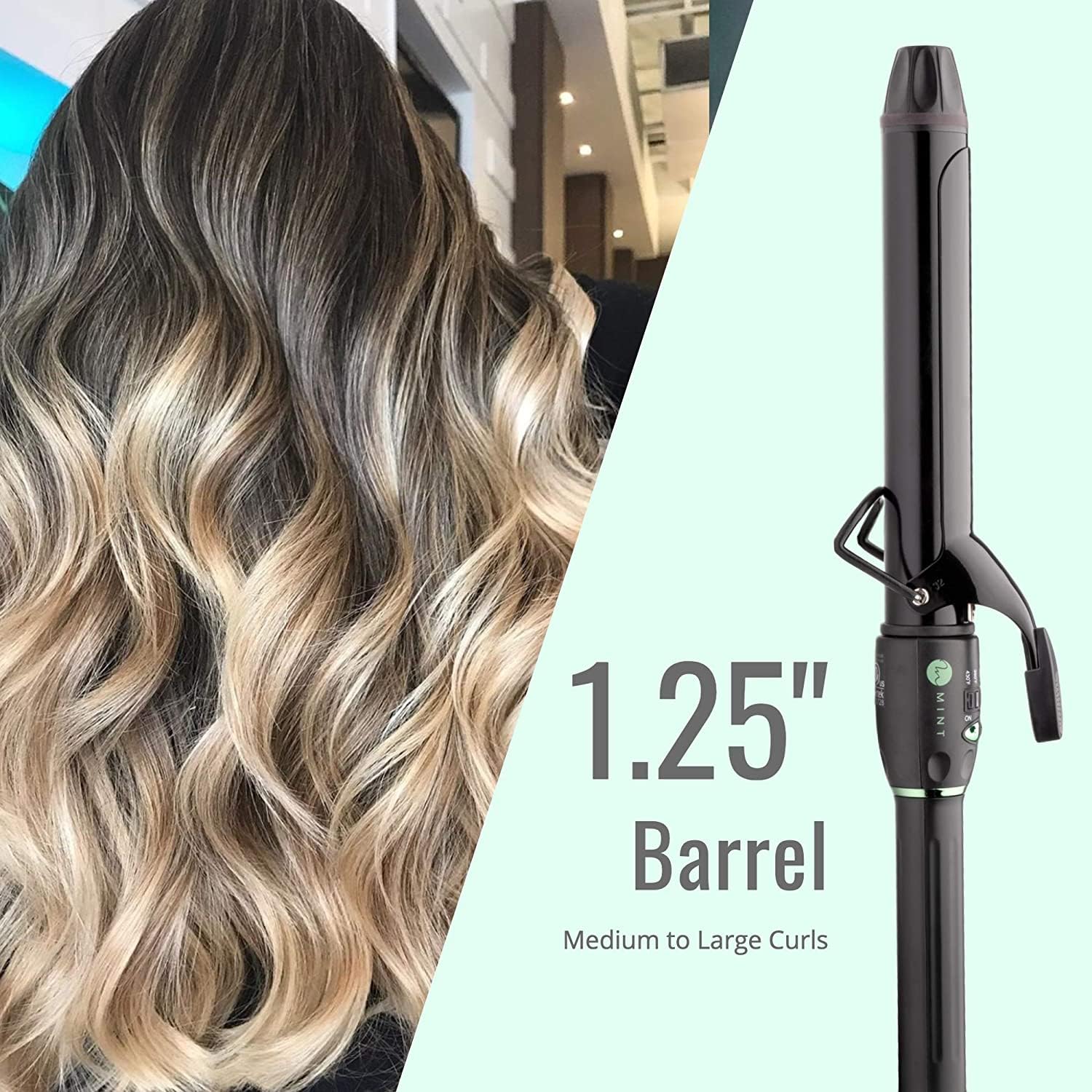Mint curling iron with auto shut-off for safety after use.