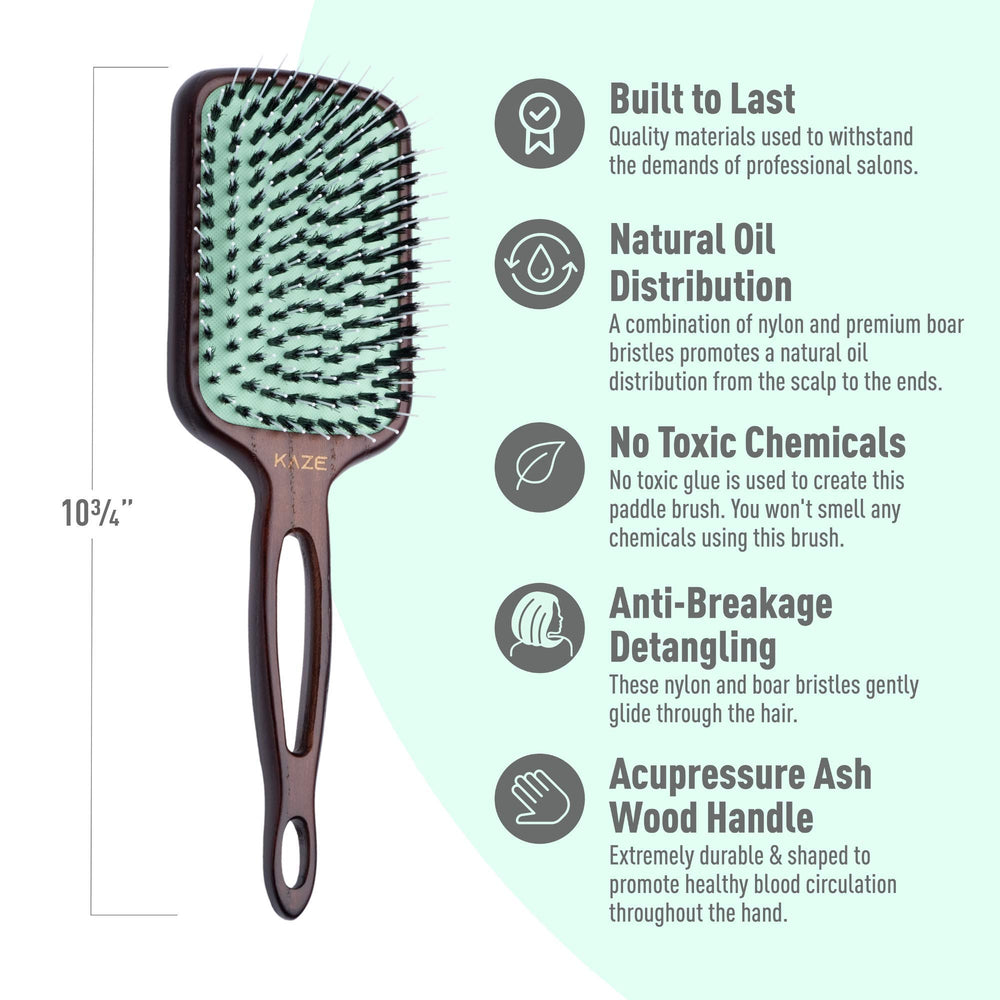 Mint detangling action on wet hair demonstrates nylon and boar bristles.