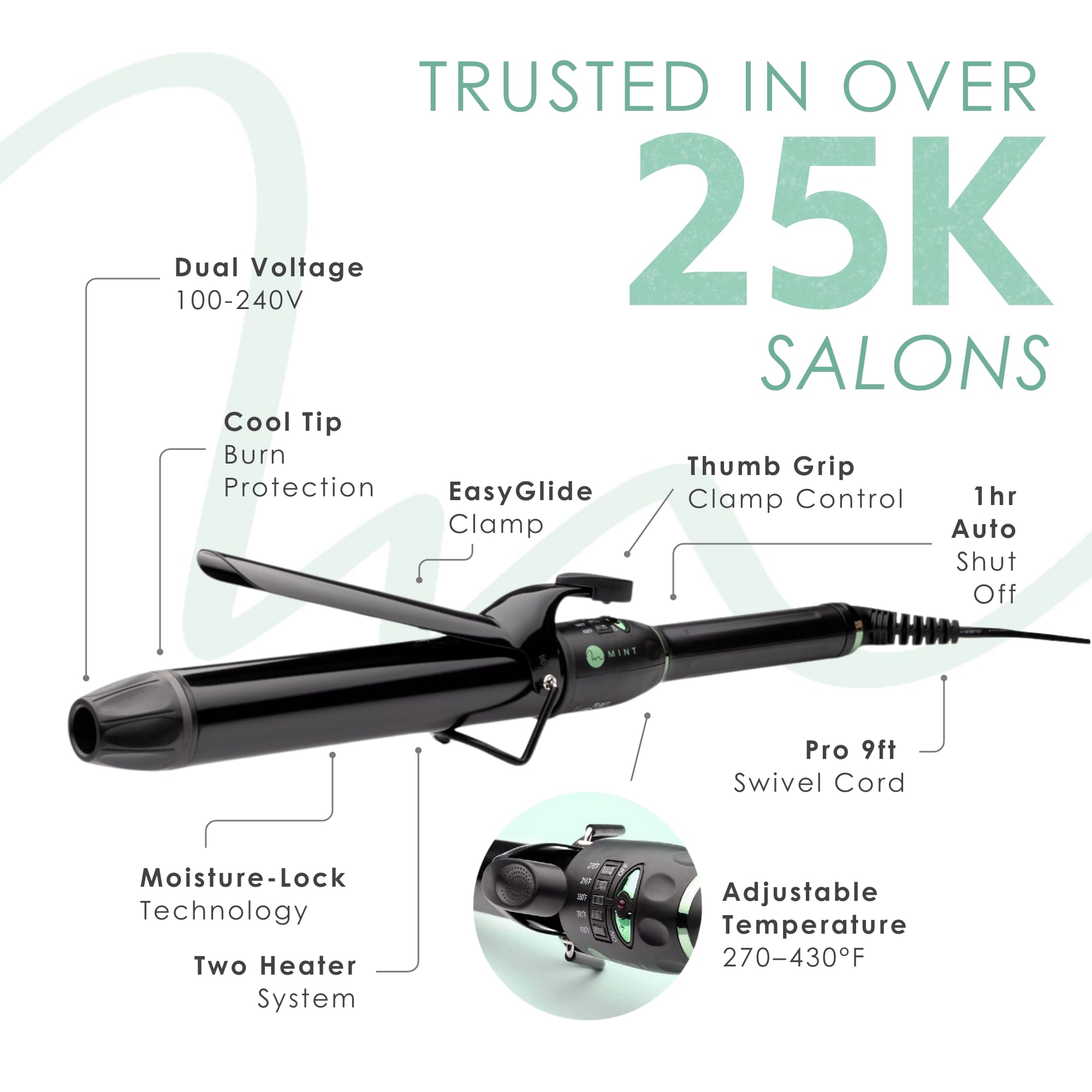 Mint professional curling iron shown in salon setting for durable performance.