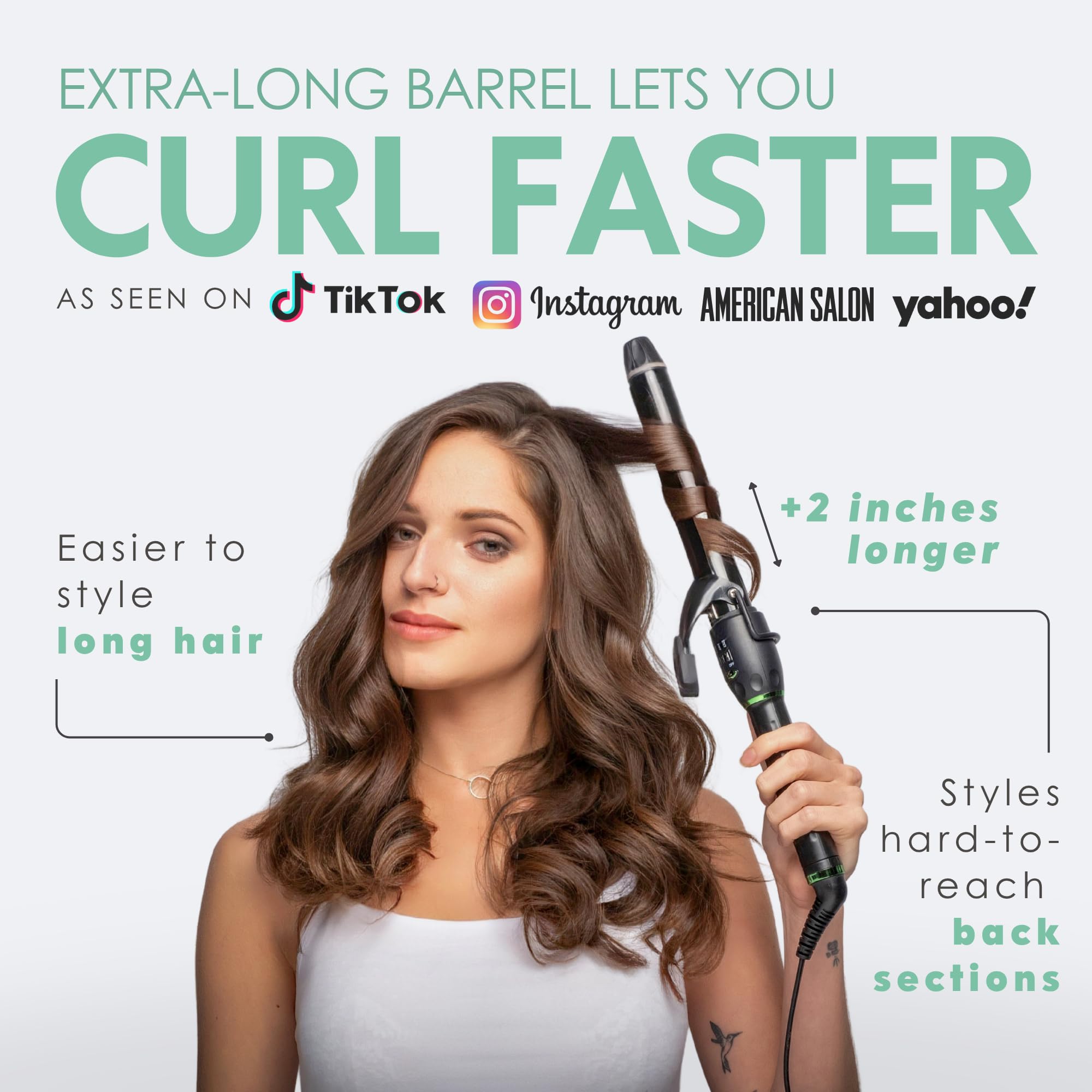 MINT curling iron with two-heater system delivering faster, uniform heat.