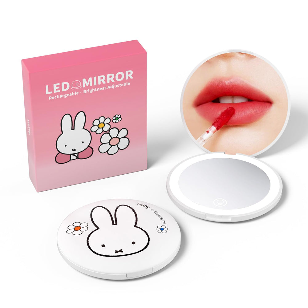 MIPOW Miffy mirror folded 2-side view for easy makeup checks.