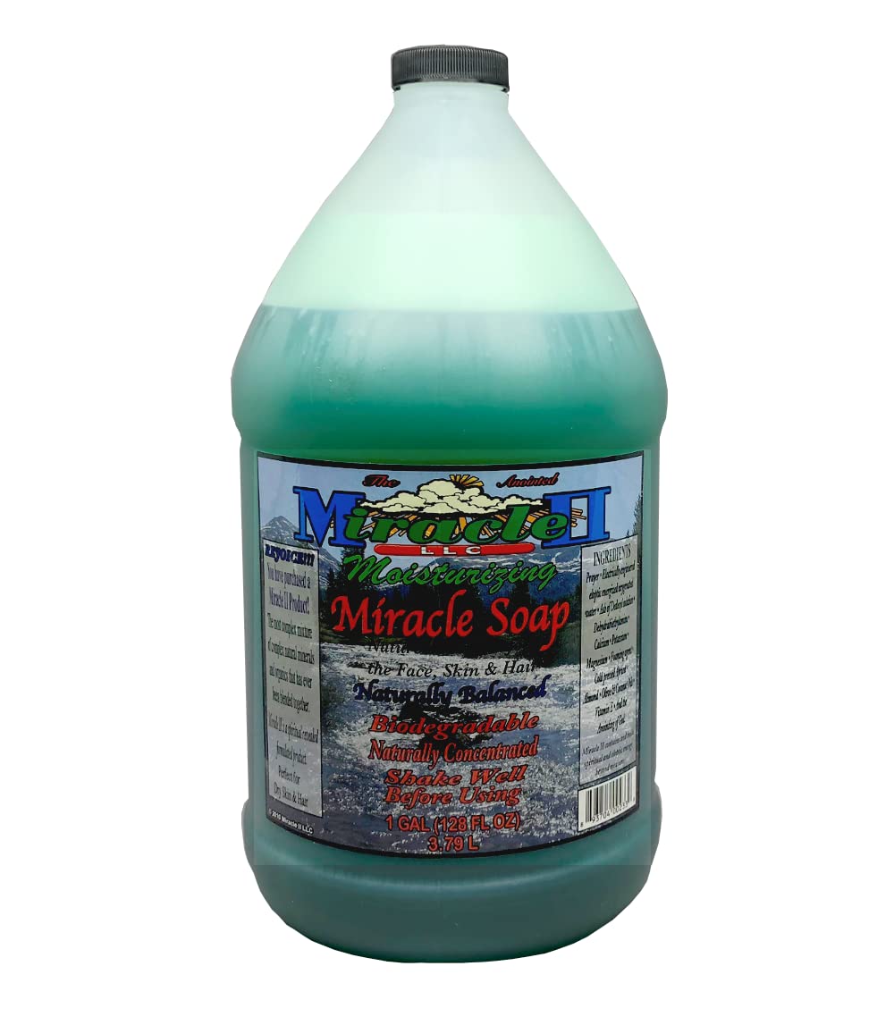 Miracle II Moisturizing Soap gallon bottle ready for use as an all-natural cleanser for skin and hair.