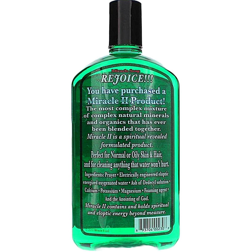 Miracle II Regular Soap 22oz lathering hands demonstrates versatile cleansing for skin and hair.