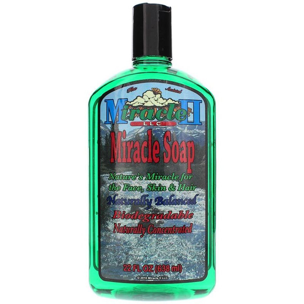 Miracle II Regular Soap 22 Oz packaging demonstrates all-purpose cleaning for skin and home.