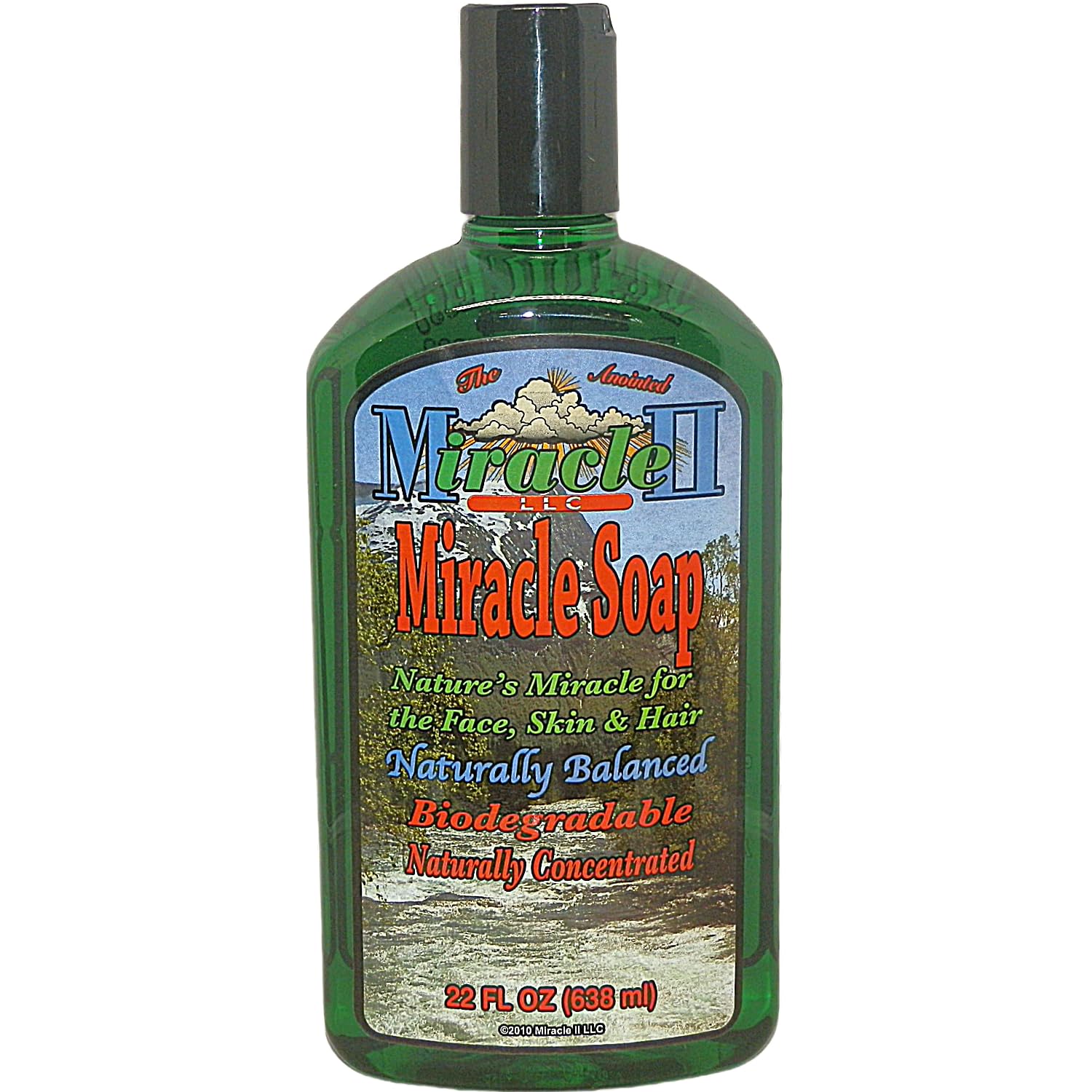 Miracle II Regular Soap 22oz packaging displays earth-friendly formula for skin and home cleaning.